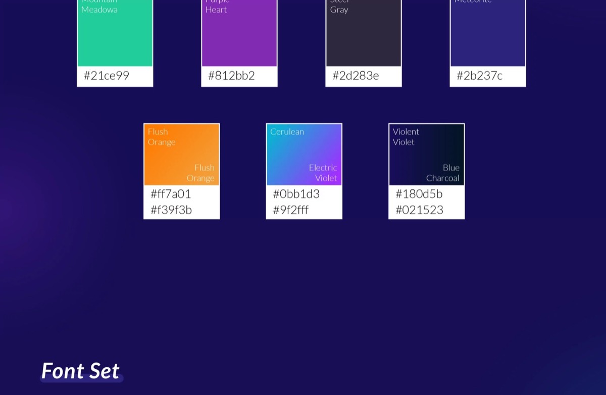 The colour palette and type scale, with hex values.